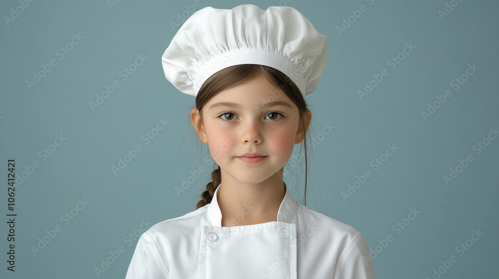 Young chef wearing a white uniform and hat, posing against a blue background in a kitchen setting Young chef wearing a white uniform and hat, posing against a blue background in a kitchen setting
