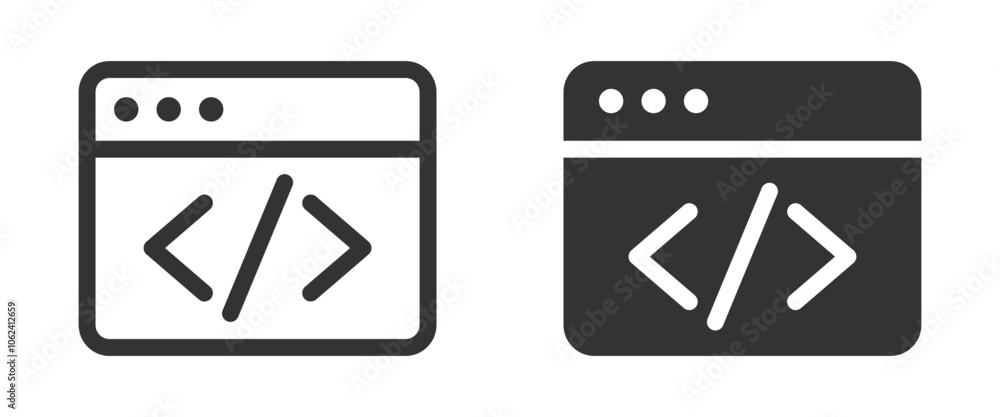 Web development and coding icons in dark and light styles, featuring browser windows and HTML tags. Vector illustration. Web development and coding icons in dark and light styles, featuring browser windows and HTML tags. Vector illustration.