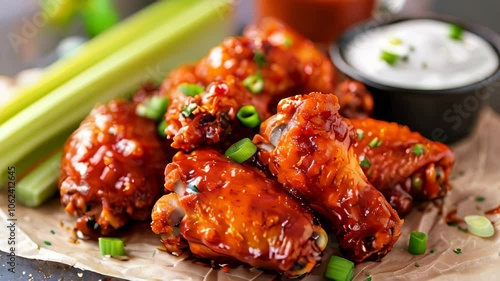 Close-up of golden crispy fried chicken wings tossed