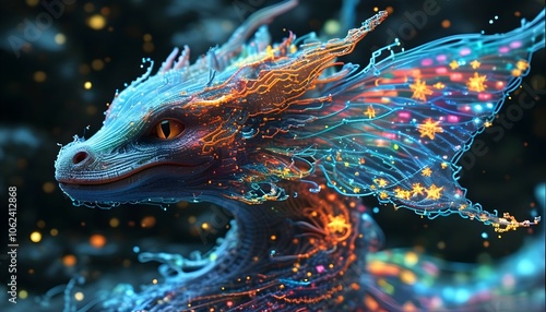 opalescent dragon with pixelated stars for fantasy illustrations