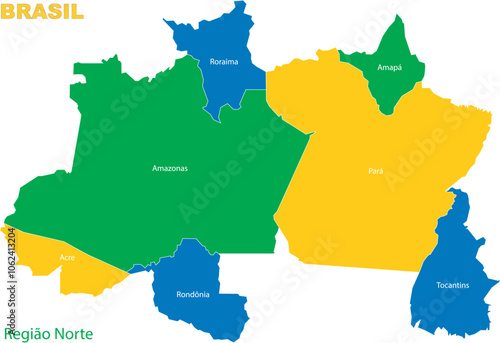Map of the territory of the northern region of Brazil with divisions by highlighted states, vector with simple lines of political divisions