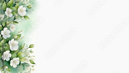 Beautiful original light background for creating presentation slides or web design. Delicate white flowers among green leaves are placed from the left edge. Enough space for text. Watercolor. AI.