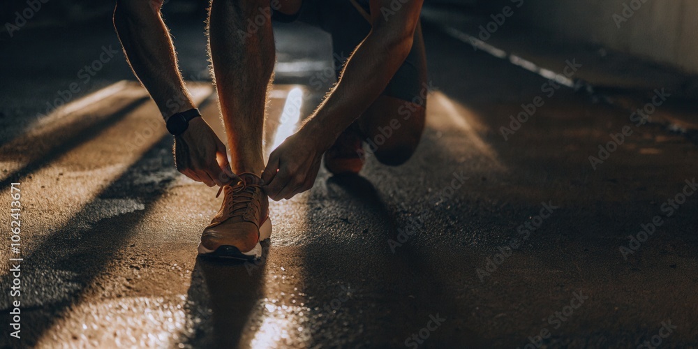 Runner Tying Shoelaces in Morning Sunlight Runner Tying Shoelaces in Morning Sunlight