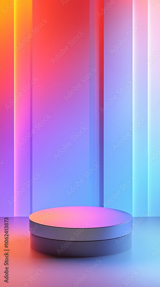 Vibrant gradient backdrop with circular platform: futuristic product display stage bathed in neon pink, purple, and blue light, creating a dreamy aesthetic. Vibrant gradient backdrop with circular platform: futuristic product display stage bathed in neon pink, purple, and blue light, creating a dreamy aesthetic.