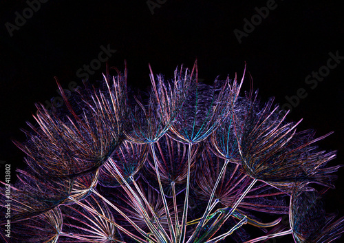 Obraz na płótnie dmuchawiec na czarnym tle, puszyte nasiona kozibród, Tragopogon, goatsbeard, salsify, puszyste nasiona dmuchawca, kolorowy dmuchawic na czarnym tle w salonie