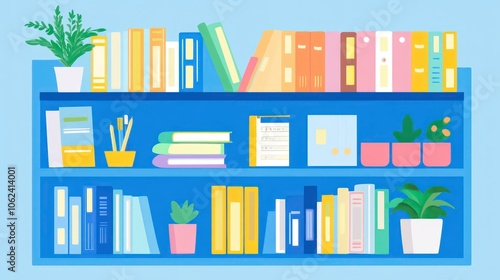 A colorful bookshelf filled with books and plants, creating a cozy reading environment.