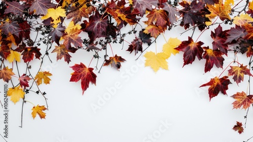Autumn-themed backdrop featuring maple leaves in yellow, red, and brown colors with a branch showing vibrant fall foliage on a white background.