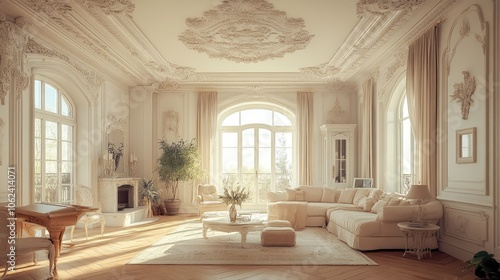 A spacious and luxurious living room with large windows, white walls, and ornate moldings. The room is decorated in a classic style with a white sofa, coffee table, and chairs.