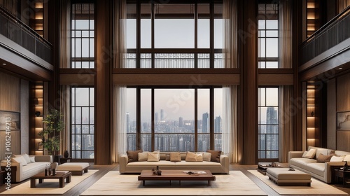 Modern living room with large windows overlooking city skyline.