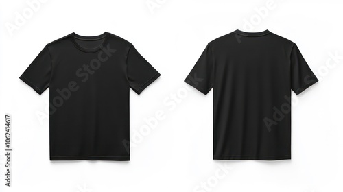 A plain black t-shirt displayed from the front and back for clothing presentation.