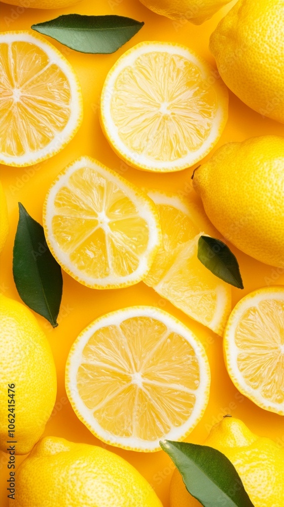 Vibrant yellow lemons, whole and sliced, arranged on a sunny background with scattered green leaves, creating a fresh and zesty citrus composition. Vibrant yellow lemons, whole and sliced, arranged on a sunny background with scattered green leaves, creating a fresh and zesty citrus composition.