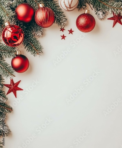 Christmas tree branches adorned with red ornaments, festive decorations, and twinkling lights.