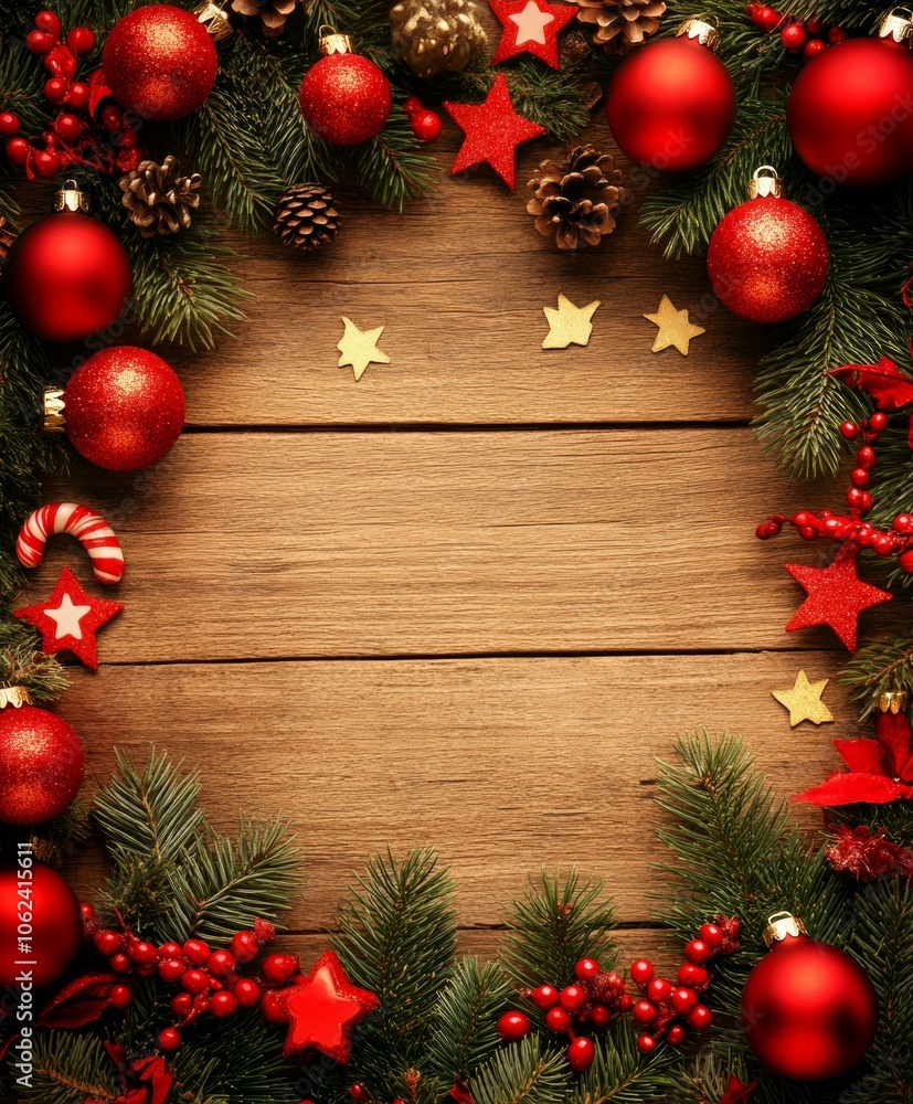 Festive Christmas decorations on rustic wooden background, featuring pine cones, red ornaments, green branches. Festive Christmas decorations on rustic wooden background, featuring pine cones, red ornaments, green branches.