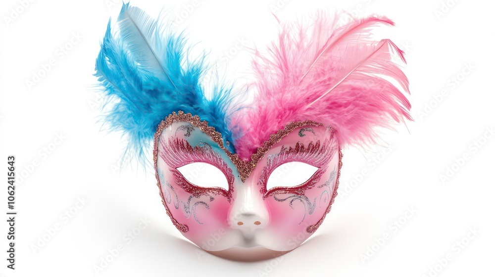 A decorative masquerade mask adorned with feathers in pink and blue hues. A decorative masquerade mask adorned with feathers in pink and blue hues.