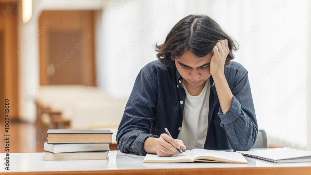 Student Deep in Concentration During Study Session Student Deep in Concentration During Study Session