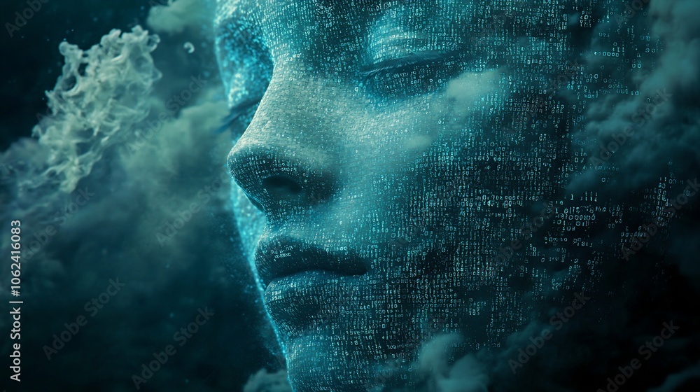 A digital rendering of a female face surrounded by cloud-like particles. A digital rendering of a female face surrounded by cloud-like particles.