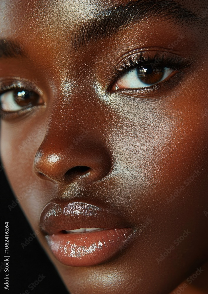 A woman with dark skin and brown eyes is shown with her mouth closed A woman with dark skin and brown eyes is shown with her mouth closed