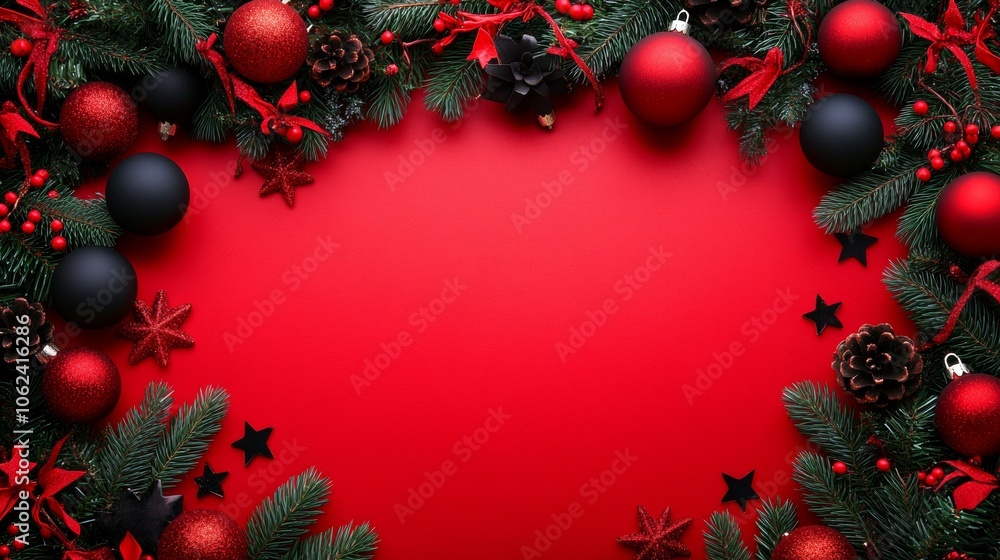 Red background with Christmas ornaments, baubles, pine branches, and sparkling lights creating festive scene. Red background with Christmas ornaments, baubles, pine branches, and sparkling lights creating festive scene.