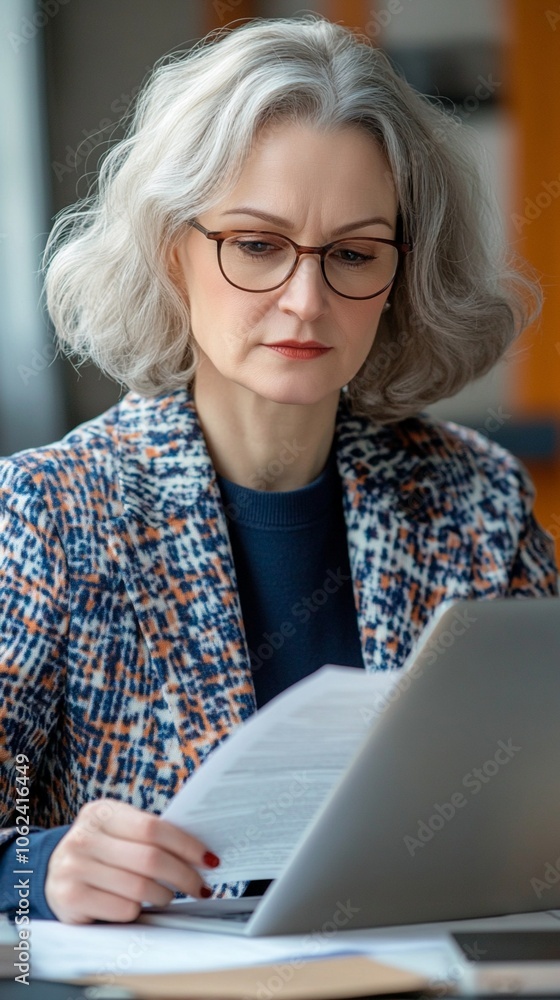 Focused professional woman with silver hair and glasses intently working on laptop, showcasing mature expertise in modern workplace setting. Focused professional woman with silver hair and glasses intently working on laptop, showcasing mature expertise in modern workplace setting.