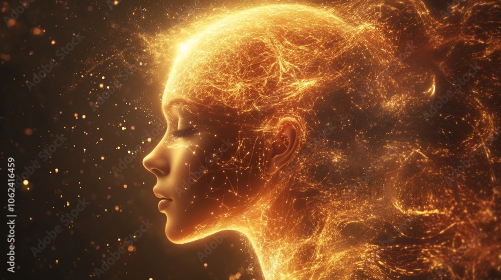 Abstract portrait of a woman's face made of glowing, fiery particles. Abstract portrait of a woman's face made of glowing, fiery particles.