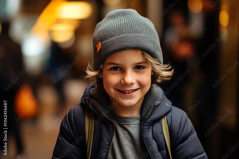 Portrait of a cute little boy in a hat on the street at night Portrait of a cute little boy in a hat on the street at night