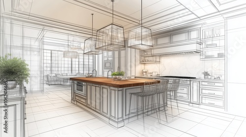 Wallpaper Mural A conceptual sketch of a modern kitchen design featuring detailed cabinetry, an island with wooden countertop, and pendant lights. Torontodigital.ca