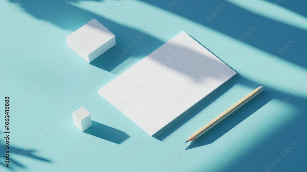 A white notebook and pencil are on a blue surface A white notebook and pencil are on a blue surface