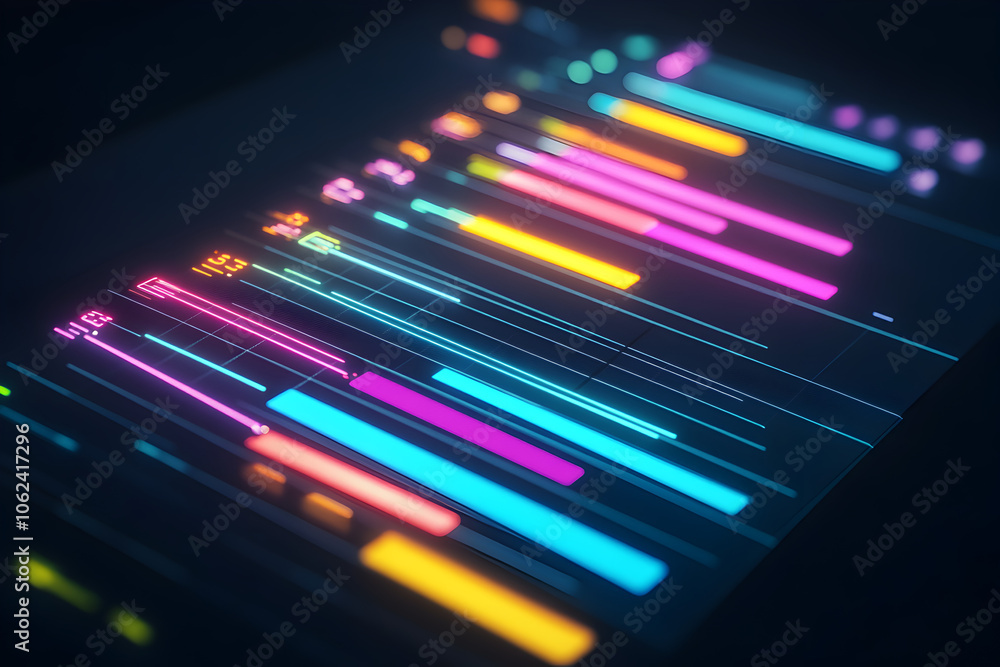 A dynamic neon wireframe Gantt chart with colorful bars depicting task timelines set against a sleek black background. A dynamic neon wireframe Gantt chart with colorful bars depicting task timelines set against a sleek black background.