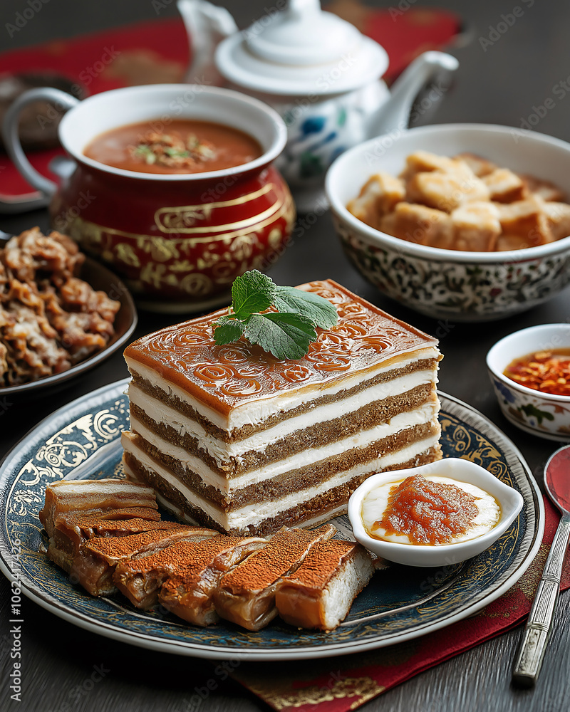 A beautifully presented layered cake sits on a traditional plate, with various savory dishes and tea accompanying it, creating a festive dining experience A beautifully presented layered cake sits on a traditional plate, with various savory dishes and tea accompanying it, creating a festive dining experience