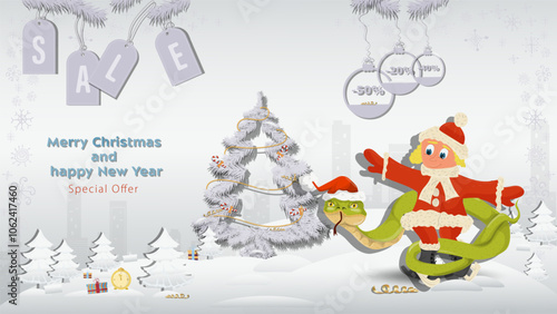 Special Offer Christmas and New Years Sale A snake in a Santa Claus hat wraps around a girl on skates next to a fir tree in a winter snowy forest