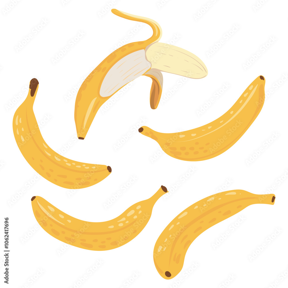 A set of bananas different forms. Fresh, juicy and tasty fruit. Vector illustration of organic fruit. Eco-label for natural banana flavor. Juice, smoothie design. A set of bananas different forms. Fresh, juicy and tasty fruit. Vector illustration of organic fruit. Eco-label for natural banana flavor. Juice, smoothie design.
