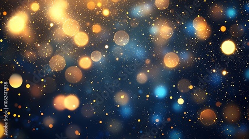 Glittering gold and blue bokeh lights creating a festive atmosphere, ideal for holiday themes.