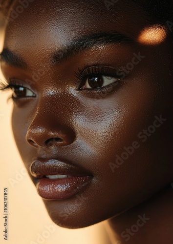 A woman with dark skin and long lashes