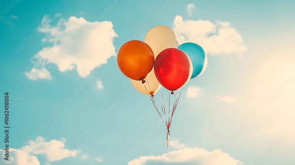 Fototapeta premium New Year colorful balloons drifting against a bright sky