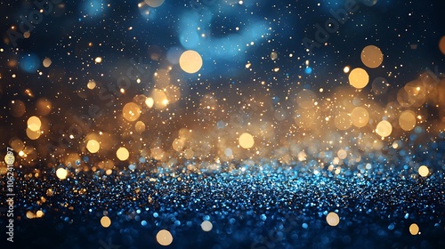 Glittering gold and blue bokeh lights creating a festive atmosphere, ideal for holiday themes.