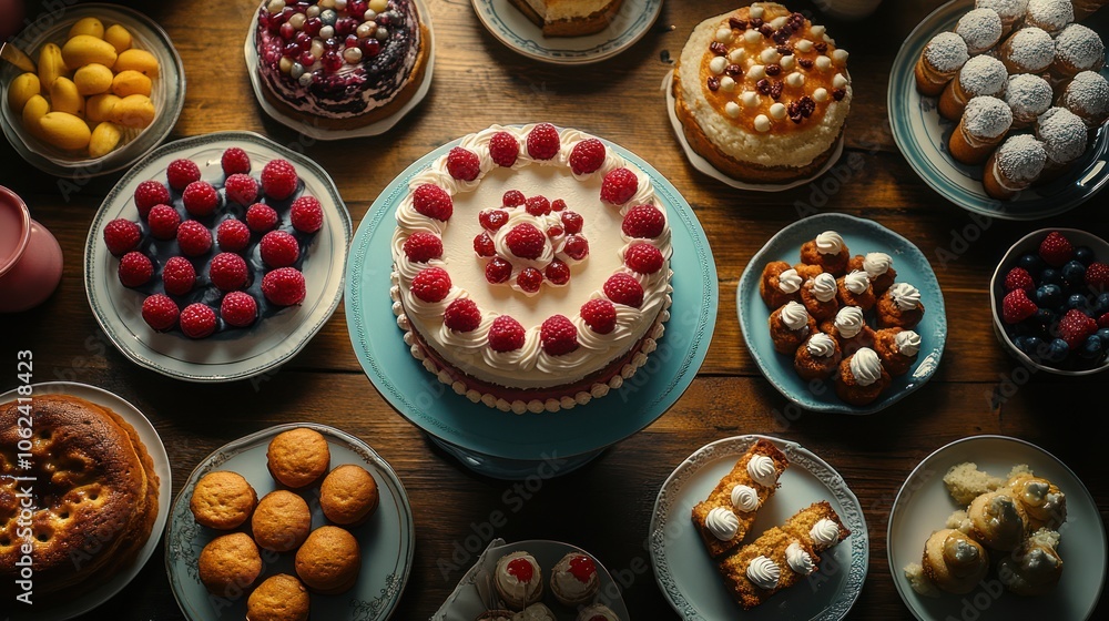 A variety of pastries and cakes on a wooden table, including a large raspberry cake in the center. A variety of pastries and cakes on a wooden table, including a large raspberry cake in the center.