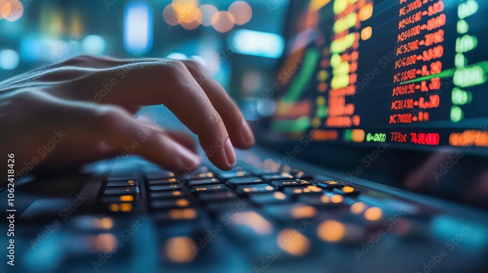 A close-up of a hand typing on a laptop, displaying data and graphs on the screen.
