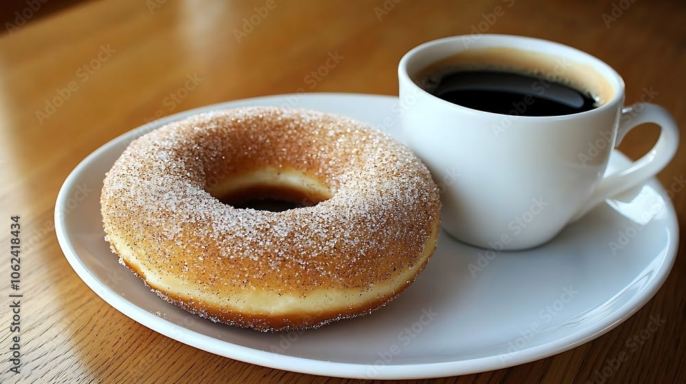 A warm, buttery cinnamon sugar donut with a side of coffee A warm, buttery cinnamon sugar donut with a side of coffee