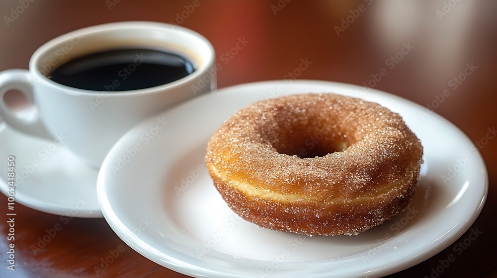 A warm, buttery cinnamon sugar donut with a side of coffee A warm, buttery cinnamon sugar donut with a side of coffee