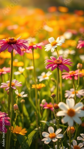 Pink and white wildflowers bloom in a field during the golden hour