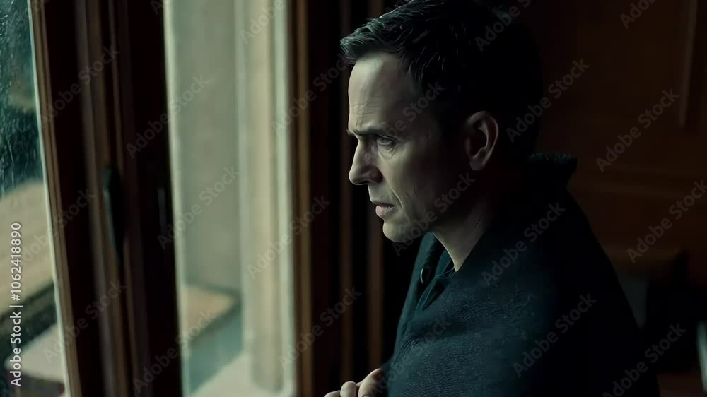 Man Lost in Thought by Window on Rainy Day
Man Lost in Thought by Window on Rainy Day