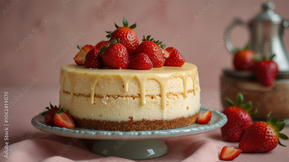 Classic New York Cheesecake with berries on the kitchen table Classic New York Cheesecake with berries on the kitchen table