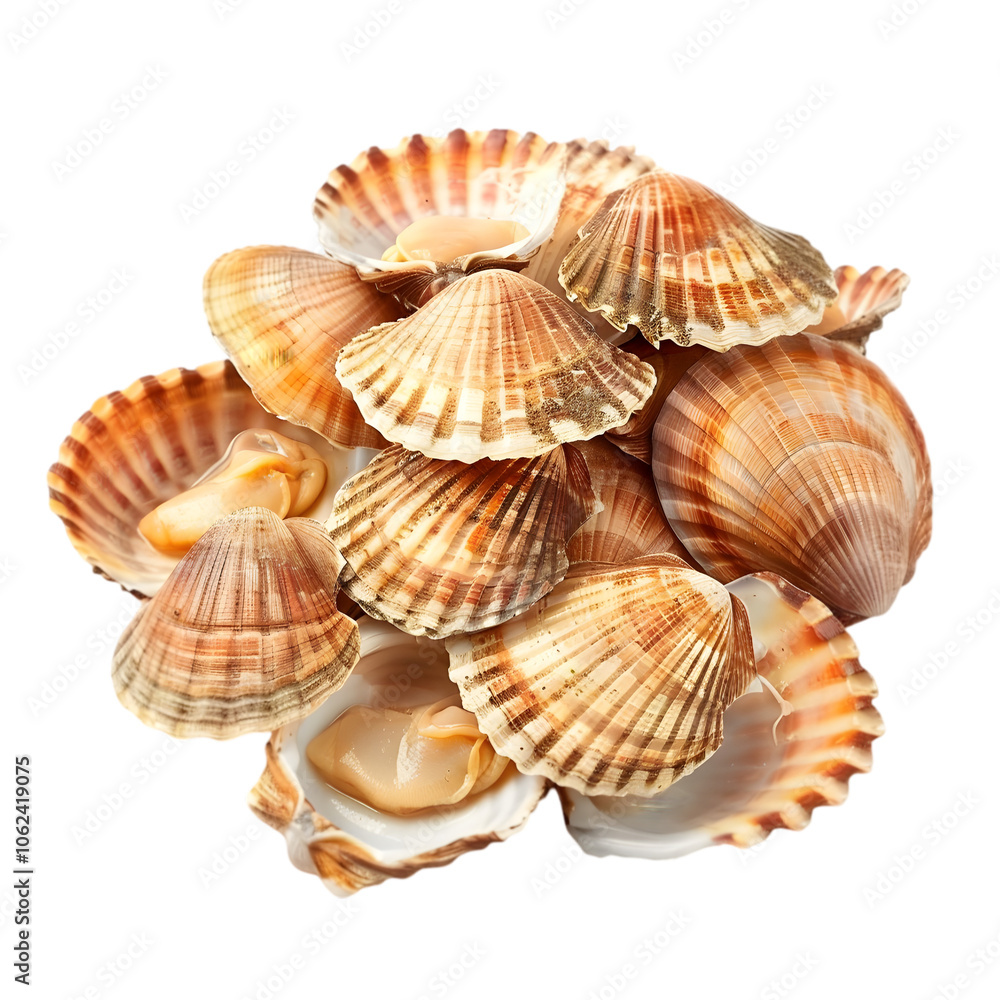 A pile of freshly shucked scallops in their shells, isolated on white background A pile of freshly shucked scallops in their shells, isolated on white background