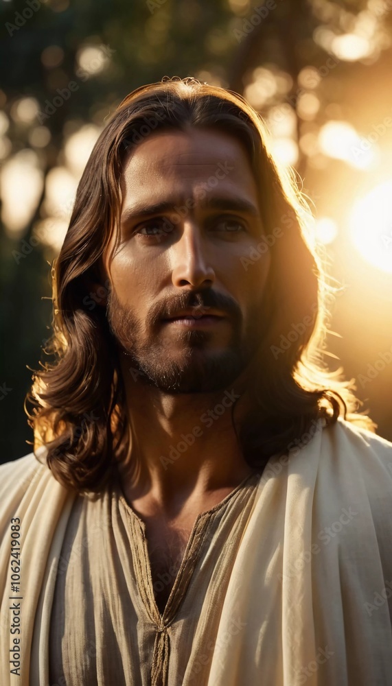 Portrait of a Man Dressed as Jesus. White robe. Long brown hair and beard. Man appears to be in his early 30s, and he has a serious expression on his face. Christian religion and faith. AI Portrait of a Man Dressed as Jesus. White robe. Long brown hair and beard. Man appears to be in his early 30s, and he has a serious expression on his face. Christian religion and faith. AI