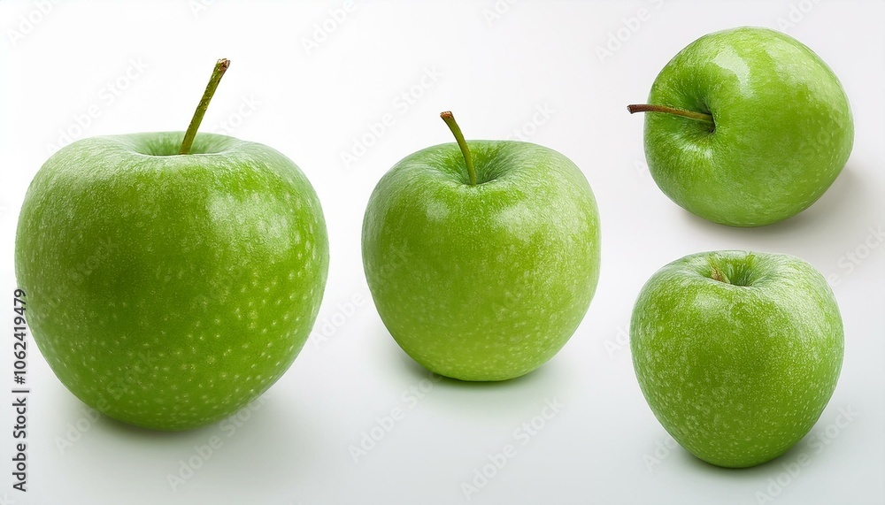 A collage of four green apples on a white background. 3D Rendering of fresh apples. Concept of healthy eating and fresh produce A collage of four green apples on a white background. 3D Rendering of fresh apples. Concept of healthy eating and fresh produce