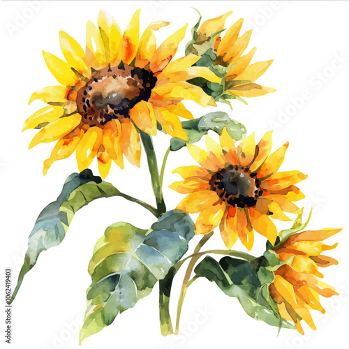 A watercolor vector of Sunflowers, isolated on a white background.