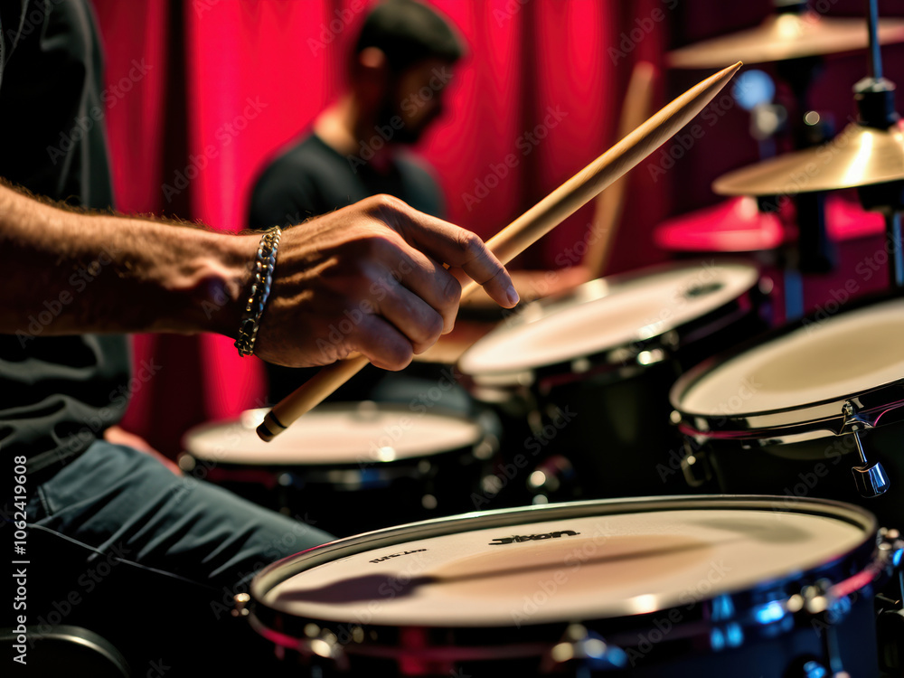 Naklejka premium Dynamic close-up image of a drummer skillfully performing on a drum set in an intimate stage setting with vibrant lighting.