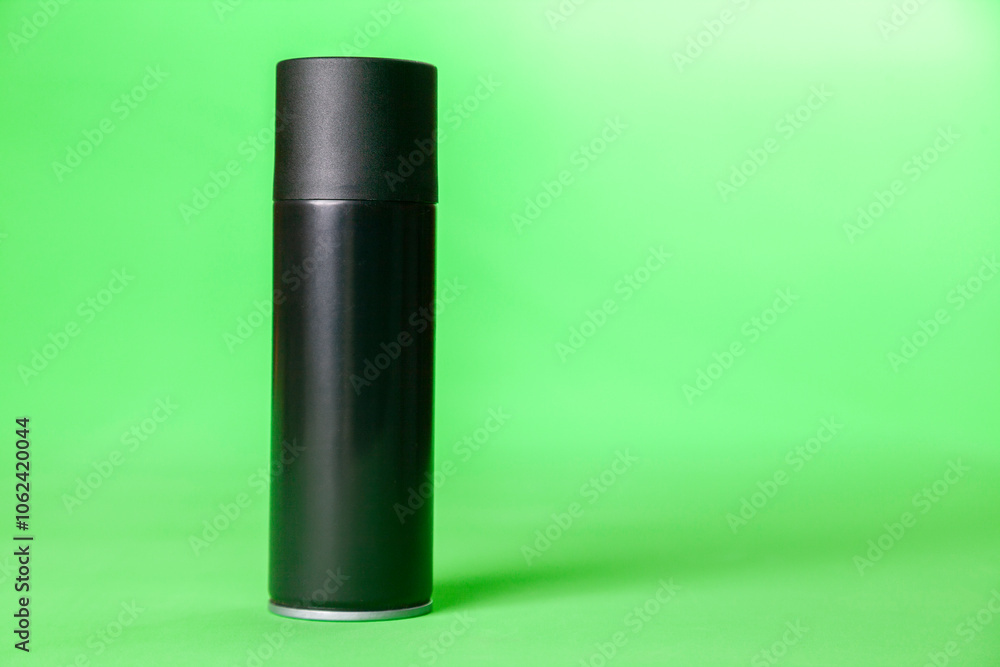 Black spray can on green background. mockup. Can concept. Mockup concept. copy space. Black spray can on green background. mockup. Can concept. Mockup concept. copy space.