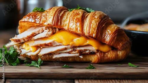 A warm, buttery croissant sandwich filled with turkey and melted cheese  photo