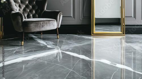 A polished grey marble floor with bold white veining, matched with a plush velvet armchair and brass-framed mirror. photo